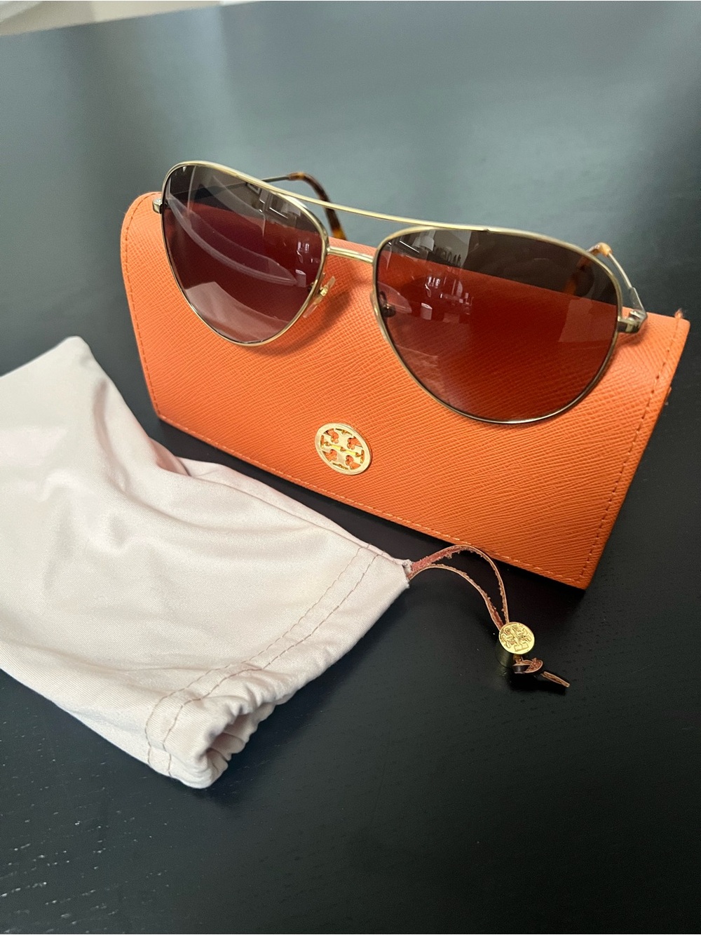 Tory Burch Gold Aviator Sunglasses with Orange Case - Picture 2 of 5